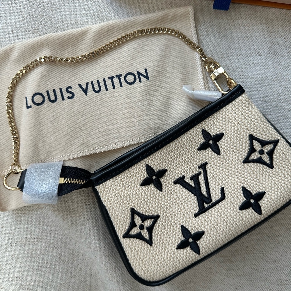Louis Vuitton Mini Pochette White & Black Monogram Canvas with Gold Chain - Picture 2 of 4